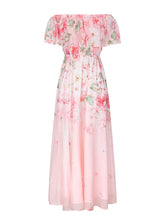 Load image into Gallery viewer, Women's Purple Off-Shoulder Chiffon Dress with Ruffle Trim and Side Slit