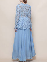Load image into Gallery viewer, Baby Blue V Neck Long-Sleeve Lace Blouse with Flowy Chiffon Skirt Set