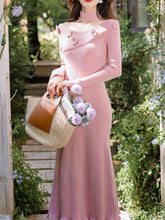 Load image into Gallery viewer, 1940S Pink Rose High Waist Knitted Sweater Long Sleeve Vintage Dress