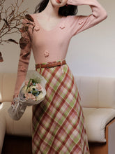 Load image into Gallery viewer, 2PS Pink V Neck Sweater And White Straight Skirt Vintage outfit