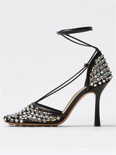 Load image into Gallery viewer, 10CM High Heel Square Toe Rhinestones Twine Sandals