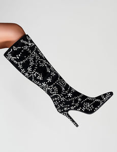 Black High Heel Pointed Toes Luxury Flower Bling Rhinestone Boots Shoes