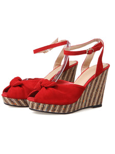 Women's Open Toe Bow Wedge Heel Sandals Leather Vintage Shoes