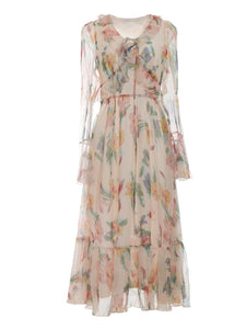 1950S White Ruffles V Neck Floral Print Swing Dress For Women
