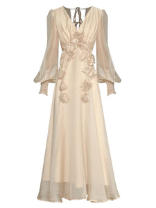 Apricot V-neck Lantern Sleeve Flower Maxi Party Dress