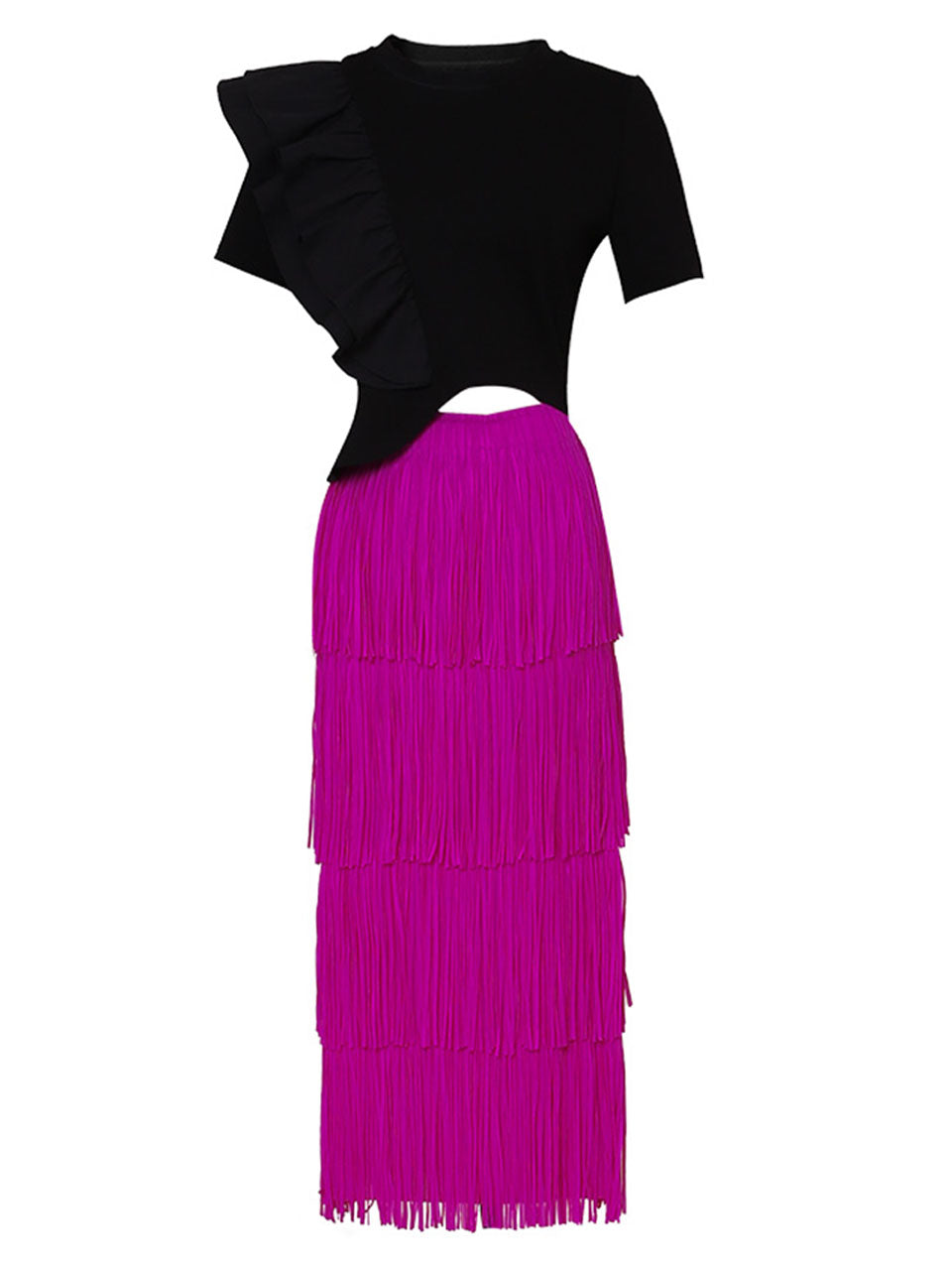 2PS Black Ruffles Retro Short Sleeve T Shirt With Fringe Skirt Suits