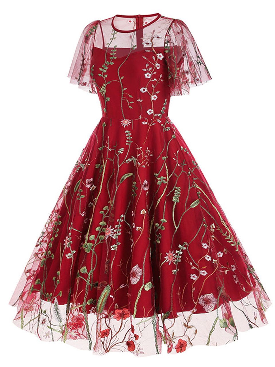 Wine Red Semi Mesh Flower Embroidered Short Sleeve 50S Swing Dress, Red / M Wine Red Semi Mesh Flower Embroidered Short Sleeve 50S Swing Dress, Red / M