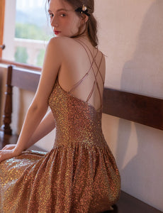 V Neck Strap Balletcore Sequins Vintage Dress Party Dress