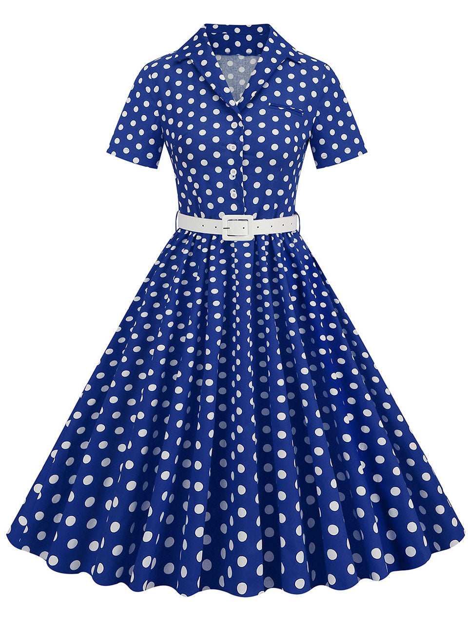 Hepburn Style V Neck Blue Polka Dots 1950s Dress Royal Blue / S Hepburn Style V Neck Blue Polka Dots 1950s Dress Royal Blue / S