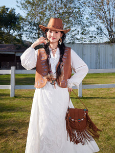 Bohemian White Embroidered Cotton Maxi Dress with Suede Embroidered Vest Boho Suit