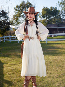 Bohemian White Ruffles Cotton Maxi Dress with Suede Embroidered Vest Boho Suit