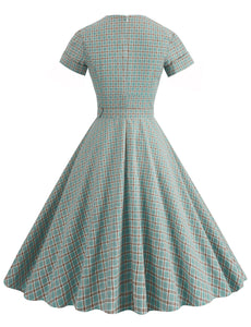 Sweat V Neck Plaid 1950S Vintage Swing Dress