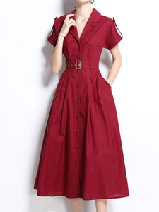 1940S Lapel Shirt Cotton Dress with Pockets
