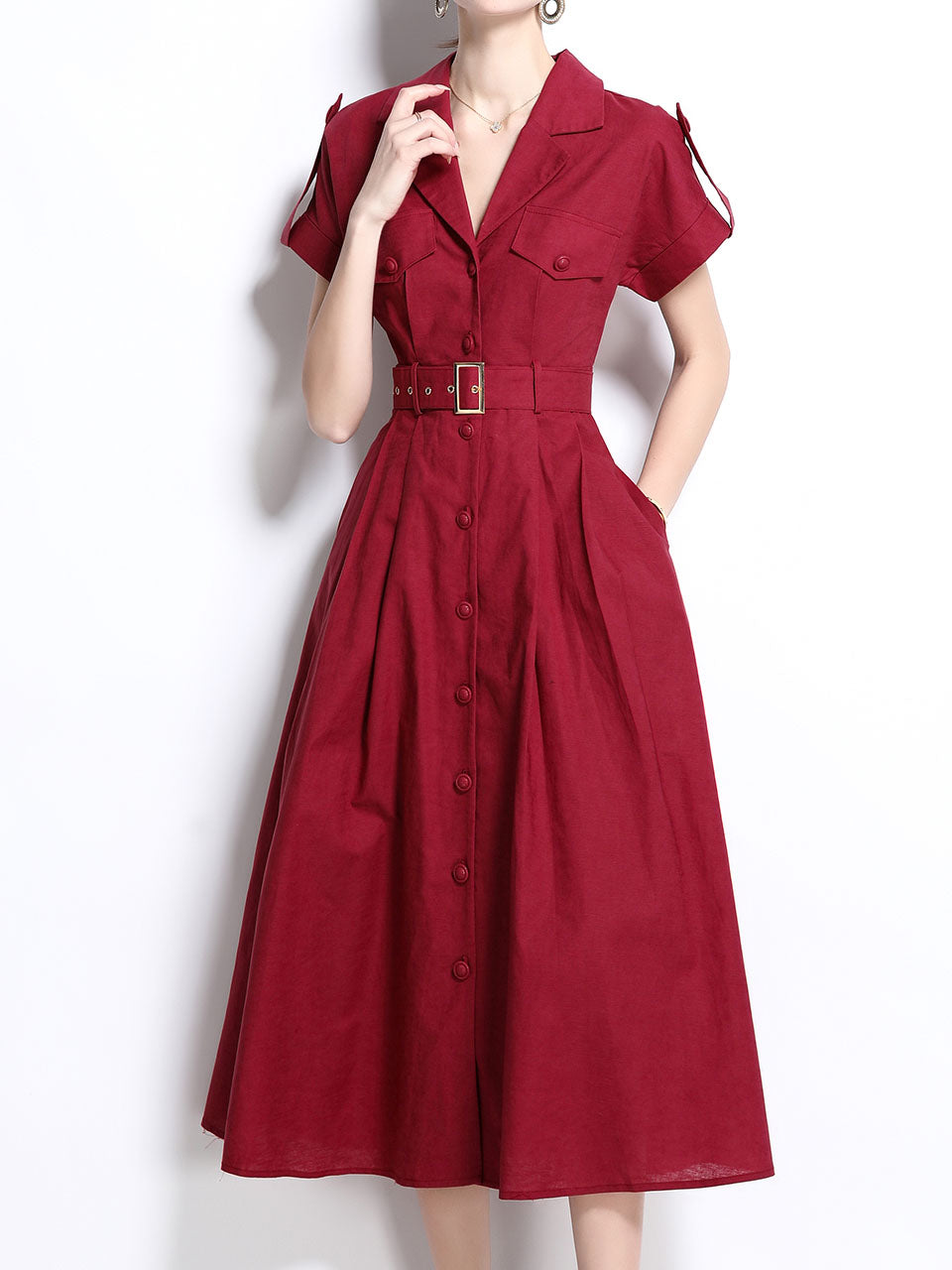 1940 shirt dress 1940S Lapel Shirt Cotton Dress with Pockets, Red / L