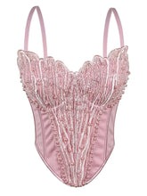 Load image into Gallery viewer, Pink Pearl Beaded Corset Top - Sequined Embroidery Spaghetti Strap Bustier