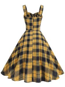 Clueless Inspired Yellow V Neck Plaid Vintage Dress