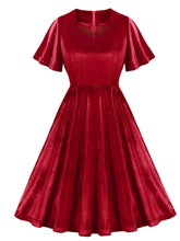 Load image into Gallery viewer, Christmas Green V Neck Velvet 1950S Vintage Swing Dress