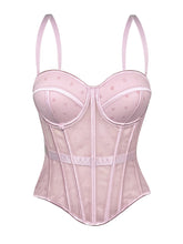 Load image into Gallery viewer, Pink Polka Dot Mesh Corset Top - Sheer Boned Spaghetti Strap Bustier