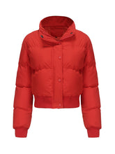 Load image into Gallery viewer, Women's Cropped Red Short Bubble Coat with Ribbed Cuff Hem Puffer Jacket