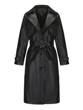 Load image into Gallery viewer, Women's Faux Leather Trench Coat | Long Caramel Tan PU Leather Windbreaker Jacket with Belt