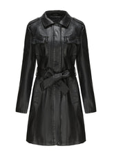 Load image into Gallery viewer, Women's Black Faux PU Leather Trench Mid-Length Coat with Belt