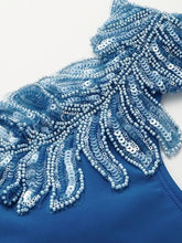 Load image into Gallery viewer, Royal Blue One Shoulder Beaded Feather One Piece Monokini with Draped Twist Sarong Maxi Skirt Swimsuit Set