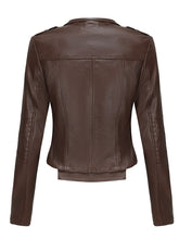 Load image into Gallery viewer, Women's Navy Blue Faux Leather Motorcycle Jacket | Slim Fit Asymmetrical Zip Moto Biker Coat