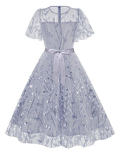Load image into Gallery viewer, Baby Blue Semi Mesh Leaf Sequins Embroidered Short Sleeve 1950S Swing Dress