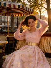 Load image into Gallery viewer, Gold Foil Butterfly Print Pink Vintage Square Neck Maxi Dress with Sheer Bubble Sleeves