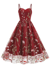 Load image into Gallery viewer, Wine Red Semi Mesh Flower Embroidered Spaghetti Strap Sleeveless 50S Swing Dress