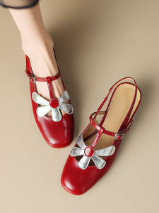 Women's  Round Toe Daisy Chunky Heel Sandals Leather Vintage Shoes