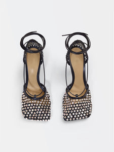 10CM High Heel Square Toe Rhinestones Twine Sandals