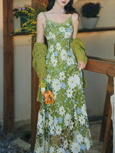 Load image into Gallery viewer, 2PS Green Floral Lace Dress with Green Knit Mesh Cardigan