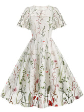 Load image into Gallery viewer, Wine Red Semi Mesh Flower Embroidered Short Sleeve 50S Swing Dress