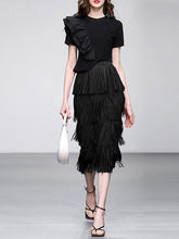 Load image into Gallery viewer, 2PS Black Ruffles Retro Short Sleeve T Shirt With Fringe Skirt Suits