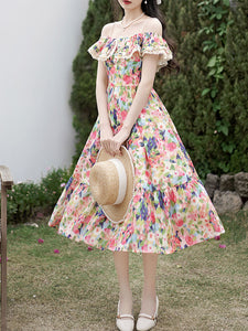 Off The Shoulder Floral Print Ruffles Vintage 1950S Dress