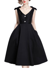Load image into Gallery viewer, Rose Luxury Button V Neck High Waist Swing Party Dress With Pockets
