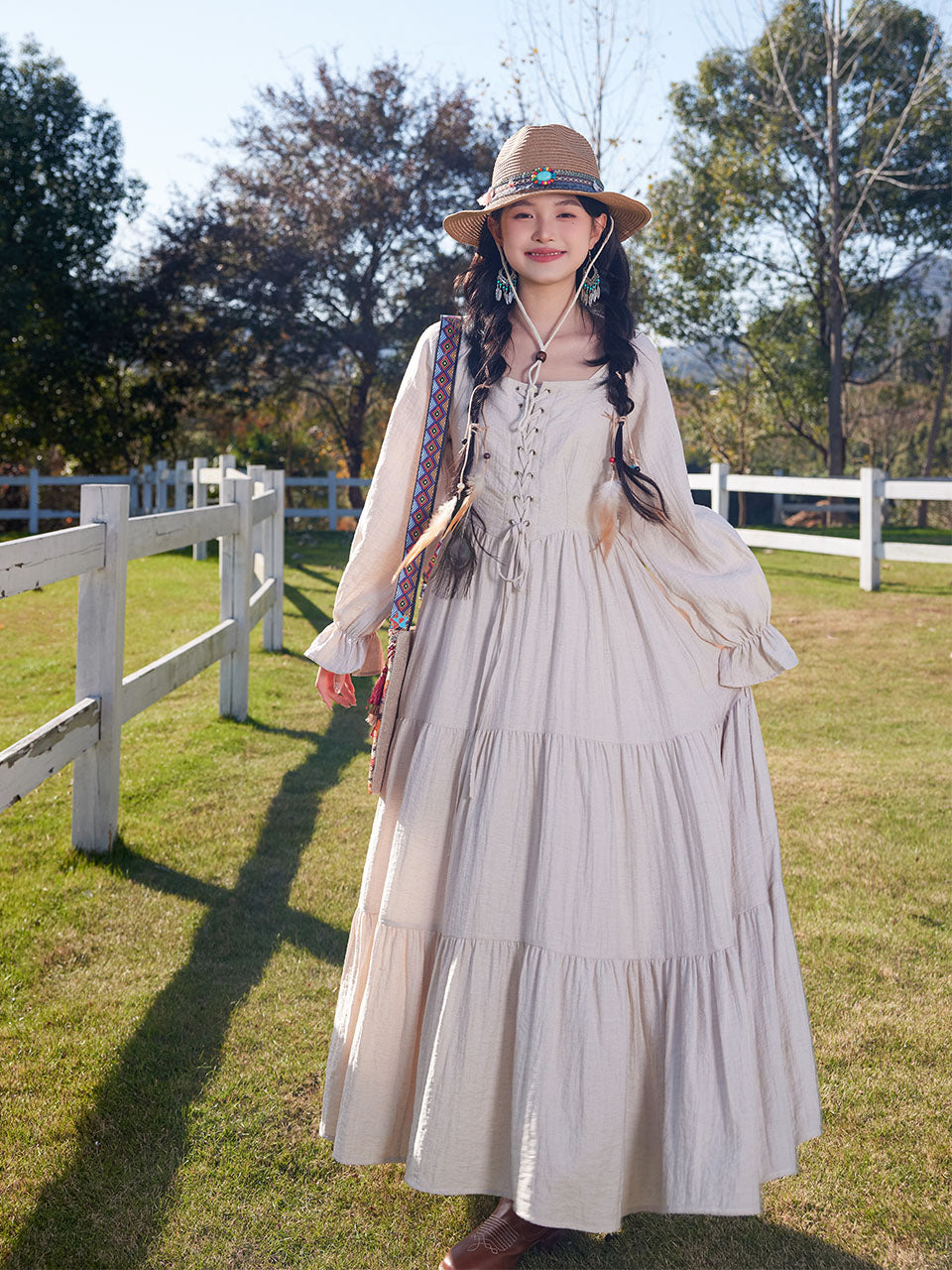 Bohemian White Long-sleeved Cotton Maxi Dress with Suede Embroidered Vest Boho Suit, White / XS Bohemian White Long-sleeved Cotton Maxi Dress with Suede Embroidered Vest Boho Suit, White / XS