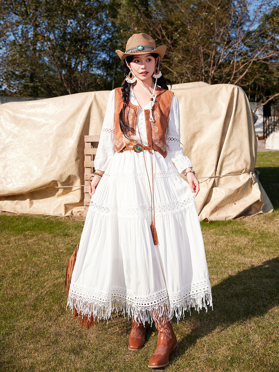 Bohemian White Long-sleeved Cotton Tassel Maxi Dress with Suede Embroidered Vest Boho Suit, White / XS