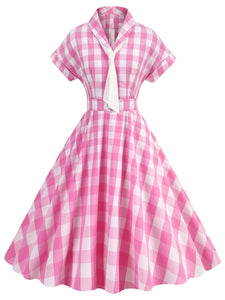 Pink And White Plaid Bow Collar Barbie Same Style 1950S Vintage Dress With Hat Set