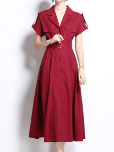 1940S Lapel Shirt Cotton Dress with Pockets