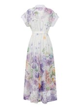 Load image into Gallery viewer, Women's Short Dolman Sleeve Purple Floral Print Midi Dress with Lapel Collar