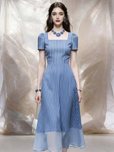 Load image into Gallery viewer, 1950s Retro Square Neck Blue Pinstripe Swing Dress with Sheer Mesh Hem