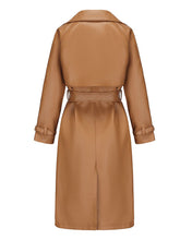 Load image into Gallery viewer, Women's Faux Leather Trench Coat | Long Caramel Tan PU Leather Windbreaker Jacket with Belt