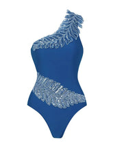 Load image into Gallery viewer, Royal Blue One Shoulder Beaded Feather One Piece Monokini with Draped Twist Sarong Maxi Skirt Swimsuit Set