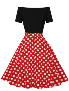 Off Shoulder Polka Dots 1950S Vintage Swing Dress With Button