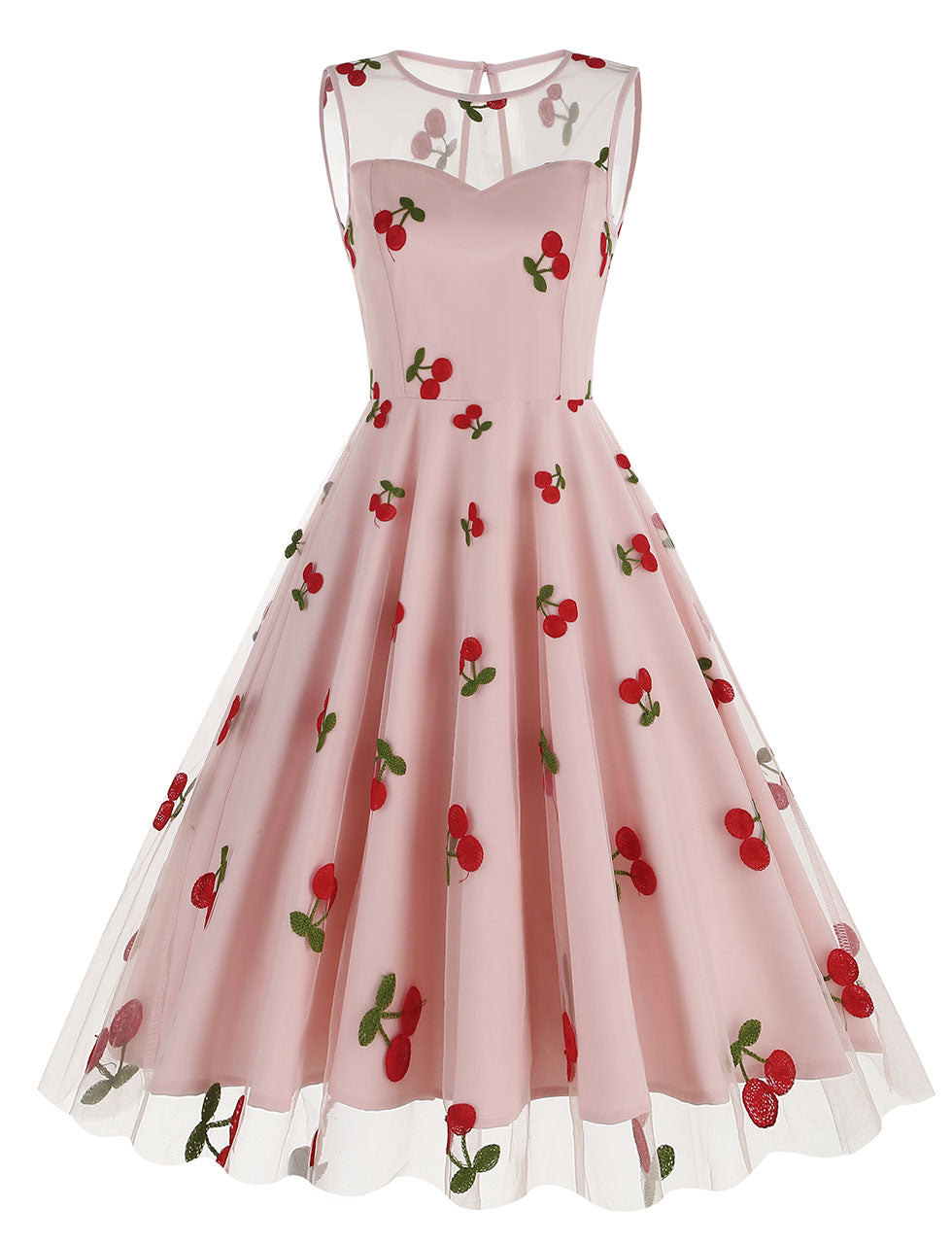 cherry mesh dress White Semi Mesh Cherry Embroidered Sleeveless 50S Swing Dress, Pink / M