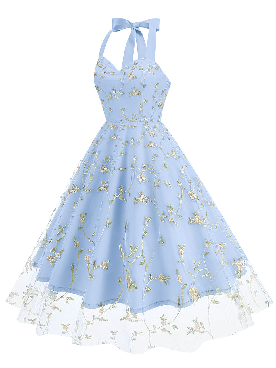 halter neck 50's dress Blue Floral Print Polka Dot Halter Neck 50s Swing Dress