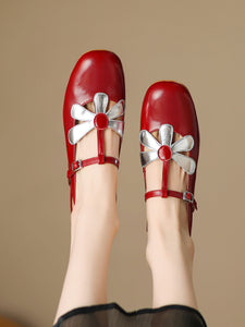 Women's  Round Toe Daisy Chunky Heel Sandals Leather Vintage Shoes
