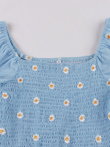 Blue Daisy Puff Sleeve Smocking 1950S Vintage Dress